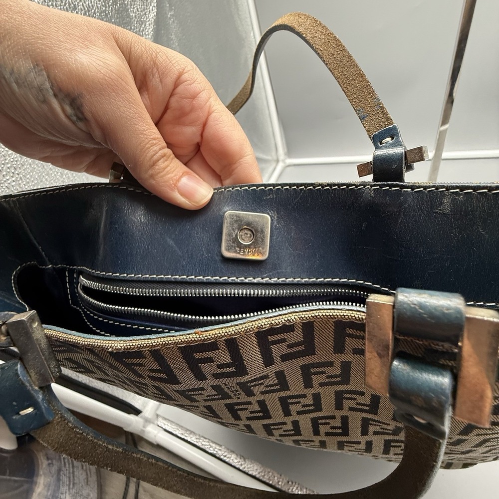 Fendi Zucca FF Monogram Tote Bag Blue Leather Trim Italy W/ COA & Dustbag Vtg - Picture 7 of 13